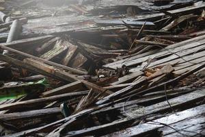 Closeup shot of wreckage of old abandoned collapsed building. photo