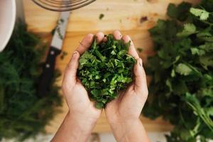 Female hands with handful of chopped coriander leaves photo