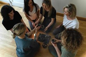 Women friends holding cups of hot tea. photo