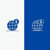 dólar negocio global globo línea internacional y glifo icono sólido bandera azul línea y glifo icono sólido bandera azul vector