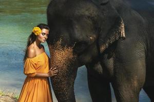 mujer con hermoso vestido naranja y poderoso elefante foto