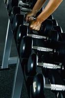 Closeup row of dumbbells and female hands photo