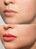 Female lips after permanent makeup lip blushing procedure photo