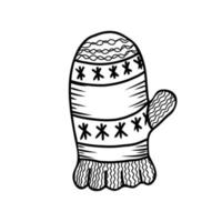 Vector hand drawn black and white knitted mitten.