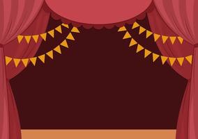 Vector theater or circus stage with red curtains, flags and place for text. Concert scene background. Flat hall decoration. Holiday event or entertainment show presentation or card design