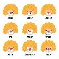 Vector set with clown faces showing feelings and emotions. Circus artists avatars clipart. Amusement heads icons. Cute funny festival characters clipart. Street show comedians illustration