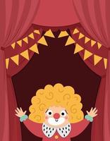 Vector circus stage with red curtains, flags, clown and place for text. Vertical concert scene background. Flat hall decoration. Holiday event or entertainment show presentation or card design