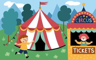 Vector scene with circus marquee, boy running to the ticket box with clown. Street show background. Cute festival illustration with funny characters for kids. Amusement park picture