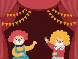 Vector circus stage with red curtains, flags, clowns and place for text. Concert scene background. Flat hall decoration. Holiday event or entertainment show presentation or card design