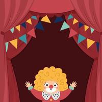 Vector circus stage with red curtains, flags, clown and place for text. Square concert scene background. Flat hall decoration. Holiday event or entertainment show presentation or card design