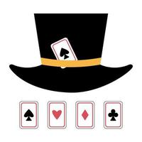 Magician hat with playing cards. Vector circus clipart. Wizard or juggler equipment icon. Cute funny festival clothes clip art. Street show comedian illustration
