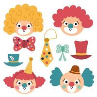 Vector set with clown faces. Circus artists avatars clipart. Amusement holiday icons pack. Cute funny festival characters clip art. Street show comedians illustration with bow tie, hat, wig