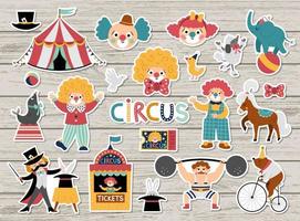 Circus stickers collection. Big vector sticker pack with street show artists, clowns, marquee, animals. Festival or carnival patches pack. Holiday icons for kids with bear on bike, illusionist