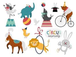 conjunto de vectores con animales de circo. paquete de iconos de vacaciones de diversión. lindas y divertidas imágenes prediseñadas de personajes del festival. ilustración de comediantes de espectáculos callejeros con elefante, oso en bicicleta, león, caballo, conejo, caniche