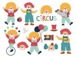 Vector set with clowns. Circus artists clipart. Amusement holiday icons pack. Cute funny festival characters clip art. Street show comedians illustration with balloons, wheel, harmonica