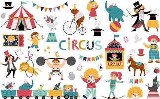 Big vector circus set. Street show animals, tent, artist collection. Amusement holiday icons pack. Bear on bike, clown, gymnast, athlete, magician clip art. Cute funny festival elements