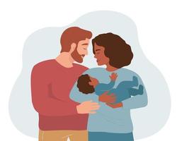 A mother with a baby in her arms and a father hugging. Happy loving family. Vector graphics.