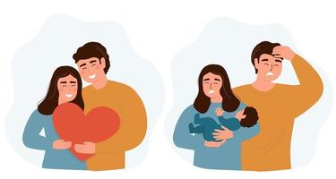 A happy couple of lovers with a heart in their hands embracing. The husband and wife with the baby are tired, they feel irritated. Cooling of relations, difficulties of family life. Vector graphics.