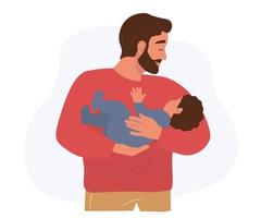 Dad with a baby in his arms. A happy family of a father and a small child. Vector graphics.
