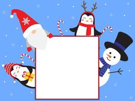 Christmas greeting card with place for text. Christmas card with penguins, snowmen and gnome. Cute fairy tale characters. Vector illustration