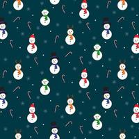 patrón sin fisuras de navidad con muñecos de nieve, bastones de caramelo y copos de nieve. para envolver papel, textil, fondo. ilustración vectorial vector