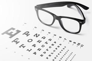 Eye chart for visual acuity testing and black rimmed eyeglasses photo