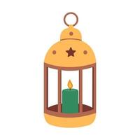 Yellow and brown lantern with a green burning candle inside isolated on white background. Vector flat illustration