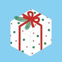 White gift box with colored circles, red ribbon and Christmas tree branches isolated on blue background. Present for New Year. Vector flat illustration