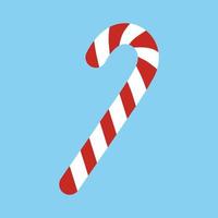 Christmas candy cane with red and white stripes isolated on blue background. Sweet stick for New Year. Vector flat illustration