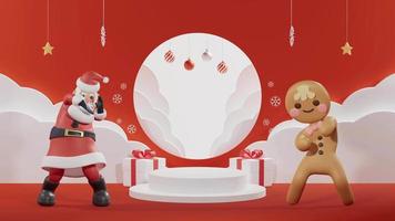 maquette de podium de noël, animation en boucle d'un drôle de père noël et de biscuits, dansant près du piédestal vide et d'un tableau blanc rond et vierge, isolé sur fond rouge. rendu 3D video