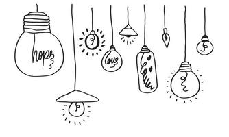 iconos de bombilla dibujados a mano con concepto de idea. estilo garabato. ilustración vectorial vector