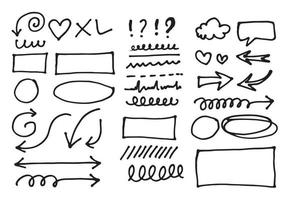 Doodle vector lines and curves.Hand drawn check and arrows signs. Set of simple doodle lines, curves, frames and spots. Collection of pencil effects. Doodle border. Simple doodle set.