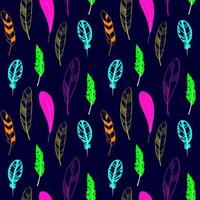 Seamless pattern of colorful feathers on a dark blue background. Design for background, postcard, wrapping paper, textile. Vector illustration