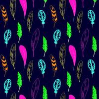 Seamless pattern of colorful feathers on a dark blue background. Design for background, postcard, wrapping paper, textile. Vector illustration