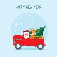 Santa Claus driving the car with a cute deer and fir, Christmas greeting card, background, poster. Vector illustration