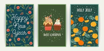 Set of Christmas and Happy New Year cards. Cute bright illustrations witn New Year symbols.. Vector design templates.