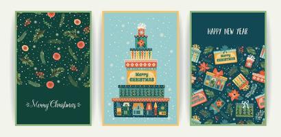 Set of Christmas and Happy New Year cards. Cute bright illustrations witn New Year symbols.. Vector design templates.