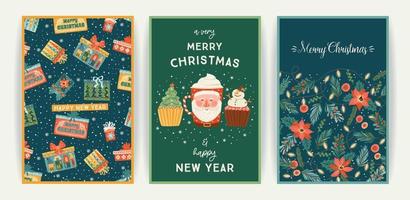 Set of Christmas and Happy New Year cards. Cute bright illustrations witn New Year symbols.. Vector design templates.