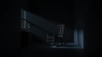 salle de scène sombre la nuit. animation chaise berçante. rendu 3d. video