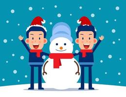 Cute person and a snowman. Winter season concept. Flat cartoon vector style design.