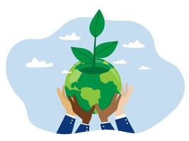 Group of businessman Hands reaching for earth World and globe hands climate change, global warming, ecology concept. Flat vector illustration