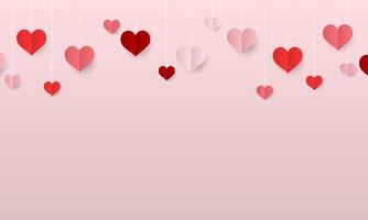 Valentines day background with hanging paper hearts. vector