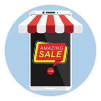 Amazing sale on Internet via app mobile phone vector