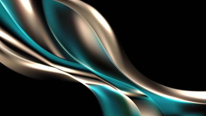 Abstract 3D liquid or fluid golden and green emerald metallic color with lighting effect isolated on black background luxury style