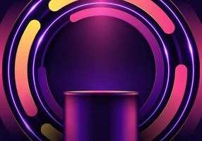 3D podium bright color circles rounded pattern with glowing neon lighting decoration on black background retro style vector