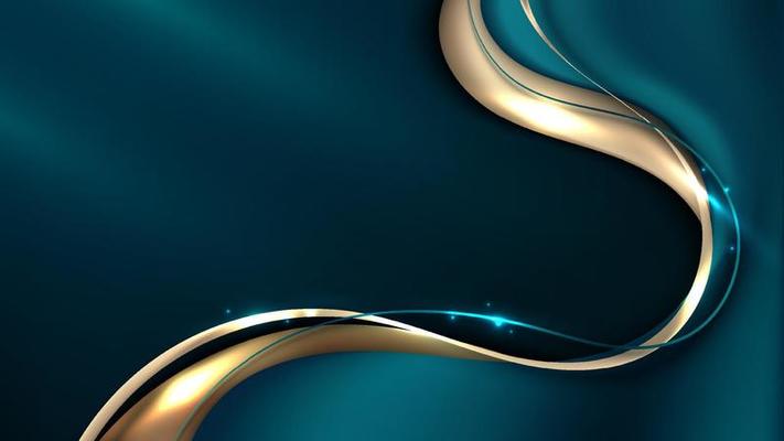 Abstract 3D luxury blue emerald and gold color liquid gradient shapes with shiny golden ribbon wave line decoration and glitter lighting on dark background