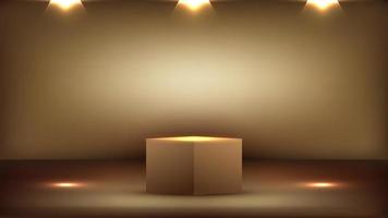 3D empty podium elegant golden studio room background with spotlight on stage background vector
