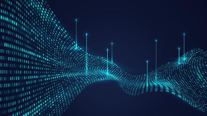 Abstract modern technology digital futuristic big data concept blue squares pixel dynamic pattern elements distort with arrows lines lighting effect on dark background