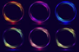 Set of glowing neon color circles round curve shapes isolated on black background technology concept vector