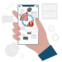 Hand holding smartphone with efficiency work time. Concept of work time management. Time management planning, organization vector